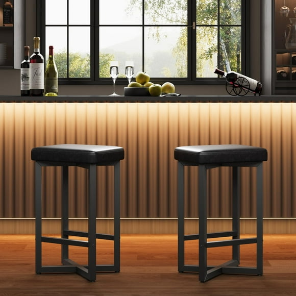 Kojooin Ensemble de Tabourets de Bar, Tabourets de Comptoir Sans Dossier avec Cadre en Métal, Repose-Pieds et Sièges en Cuir PU