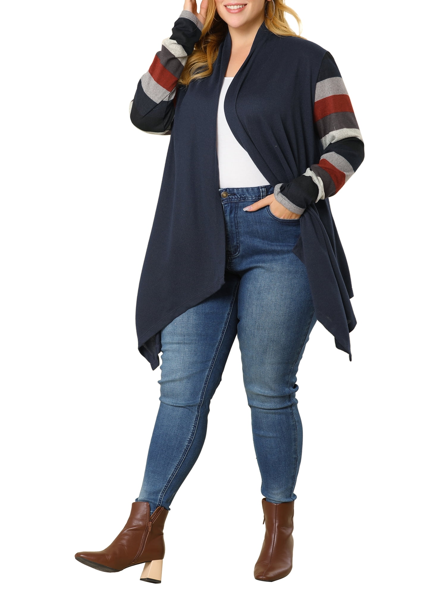 DARING DIVA Plus Size Striped Open Front Knit Cardigan Sweaters Shrugs 2X Navy Blue