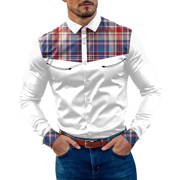 Camisas s Para Hombre Slim Fit Camisa de manga larga con botón de solapa y bloque de color a cuadros informal a la para hombre (White, L)