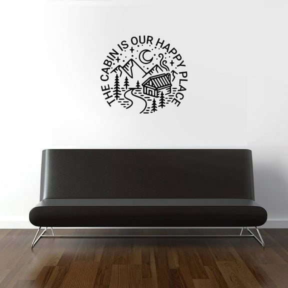 The Cabin Is Our Happy Place Quote Cabin Camp Camping Scenery Vacation Quotes Wall Decal Sticker Vinyl Art Mural for Girls / Boys Campers Home Room Walls Bedroom House Decor Decoration (20x20 inch)