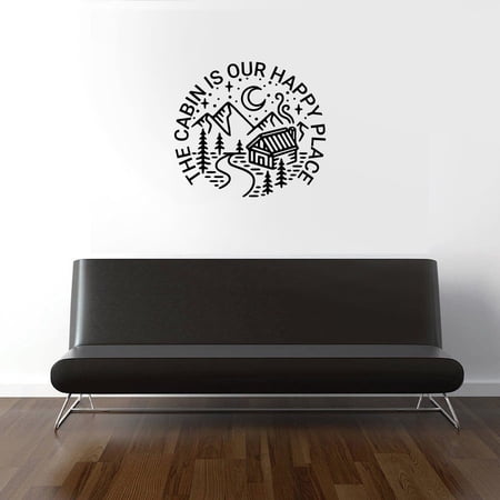 The Cabin Is Our Happy Place Quote Cabin Camp Camping Scenery Vacation Quotes Wall Decal Sticker Vinyl Art Mural for Girls / Boys Campers Home Room Walls Bedroom House Decor Decoration (20x20 inch)