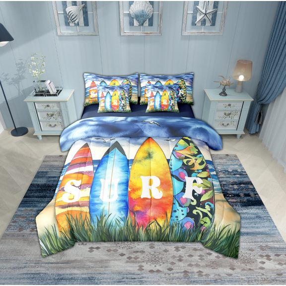 Erosebridal Ocean Surfing Bedding Sets Twin Size,Sea Theme Comforter Sets with Sheets,Lightweight Reversible Bed in a Bag Twin size,Summer Holiday Decor,7pcs