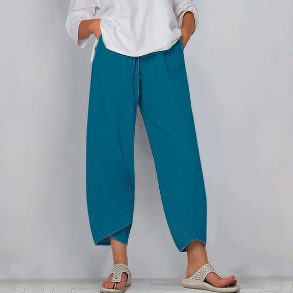 WIZUTIZ Palazzo Pants for Women Plus Size Oversized Trendy Loose Wide Leg Summer Pants Spandex Elastic High Waist Dress Pants Solid Asymmetrical Cropped Pants Swim Vacation Blue