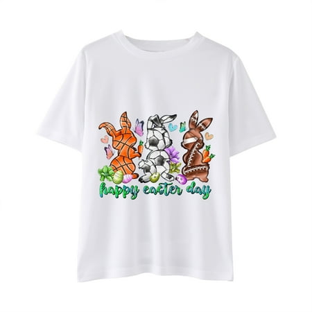 

Toddlers And Baby Boys Comfy T-Shirts Easter Cartoon Rabbit Printed O-Neck Short Sleeve Tee Tops Holiday Vacation Seaside Loose Cozy Tshirts
