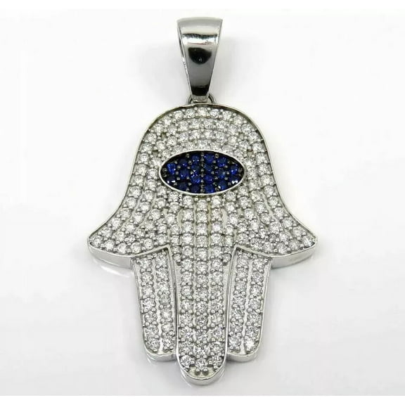 2.00Ct Round Lab-Created Sapphire/Diamond Hamsa Hand Pendant 14K White Gold Over
