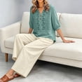 thumbnail image 6 of Linen Sets for Women 2 Piece 3/4 Sleeve Embroidered Top Wide Leg Pants Casual Summer Vacation Lounge Boho Matching Outfits, 6 of 6