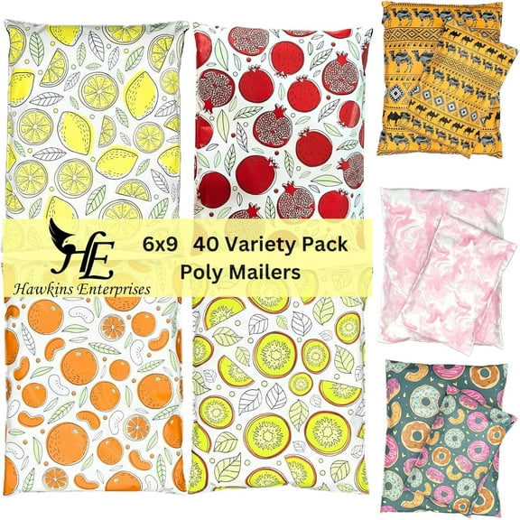 Hawk Poly Mailers 6x9 Cute Heavy Duty 3.15 mil Self-Sealing Shipping Envelopes Small Businesses Printed Waterproof Mailing Bags Fun Variety Non Padded (Fantabulous Fruit Basket 40 pack, 6x9)