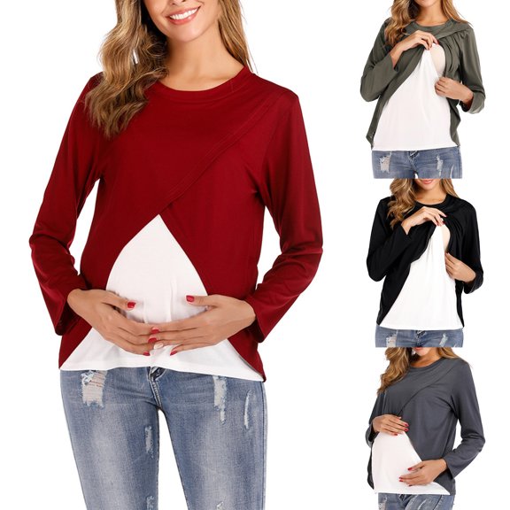 Mrasaso Up to 60% Off,Pregnant Women Blouse,Cotton Round Neck Long Sleeve Solid Color Breastfeeding Clothes Top Comfortable and Practical Nursing Top for MomsArmy Green 2XL