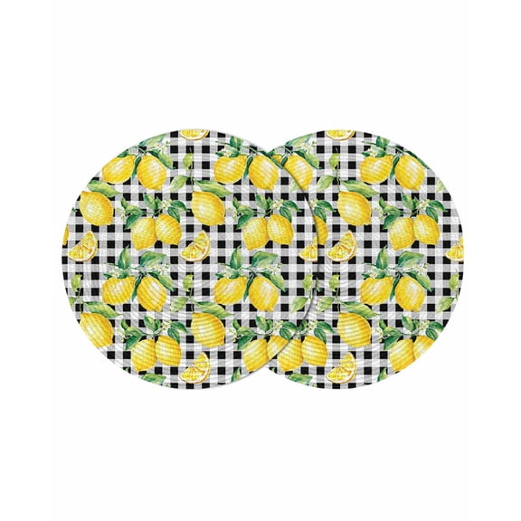 Farmhouse Yellow Tropical Lemon Round Table Placemats set of 2, Black And White Plaid Washable Woven Place Mats for Dining Tables Kitchen Party Decor,Heat Proof, 13in,