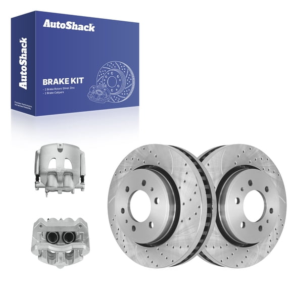 AutoShack Front Vented Drilled & Slotted Silver Zinc Coated Brake Rotors   Calipers 4-PC Brake Kit Replacement for 2012-2020 Ford F-150 SilverShield Pro 13.78" (349.9 mm)
