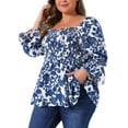 thumbnail image 4 of Agnes Orinda Women's Plus Size Floral Print Tops Smocked Peplum Blouses Square Neck Long Sleeve Casual Shirts 2X Blue, 4 of 6