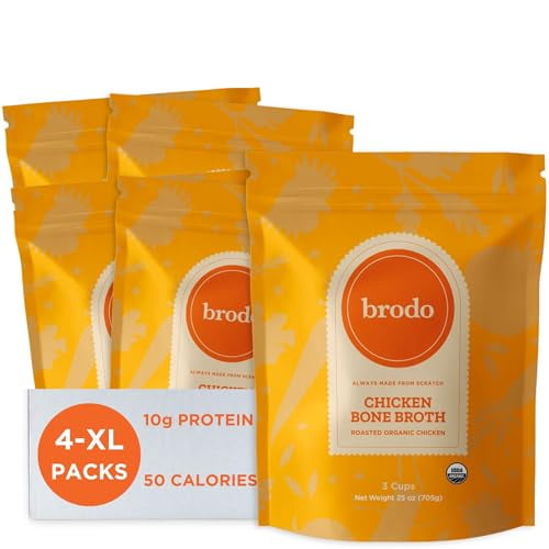 Brodo Caldo de huesos de pollo orgánico, caldo de huesos rico en proteínas con colágeno, caldo de pollo nutritivo bajo en sodio para sorber y cocinar, cocido a fuego lento para un sabor profundo, (4 b