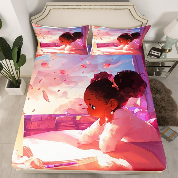 YST Black Little Girl Bed Sheets Twin Size Black Girls Magical Bedding Sets For Kids American African Kids Fitted Sheet Cute Afro Girl Fitted Bed Sheets Deep Pocket 1 Pillow Case