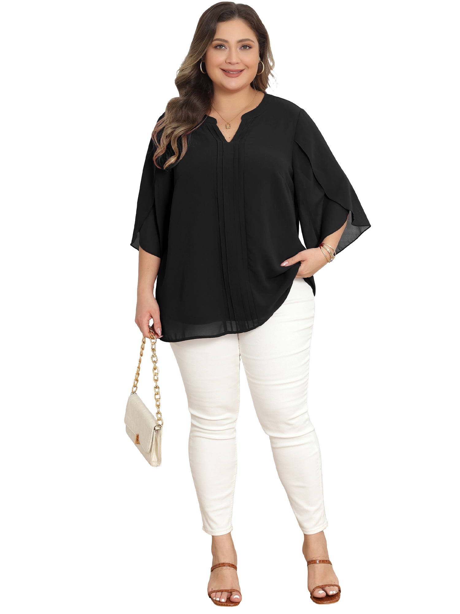 DARING DIVA Women's Plus Chiffon Pleated Front 3/4 Sleeve Top 2X Black
