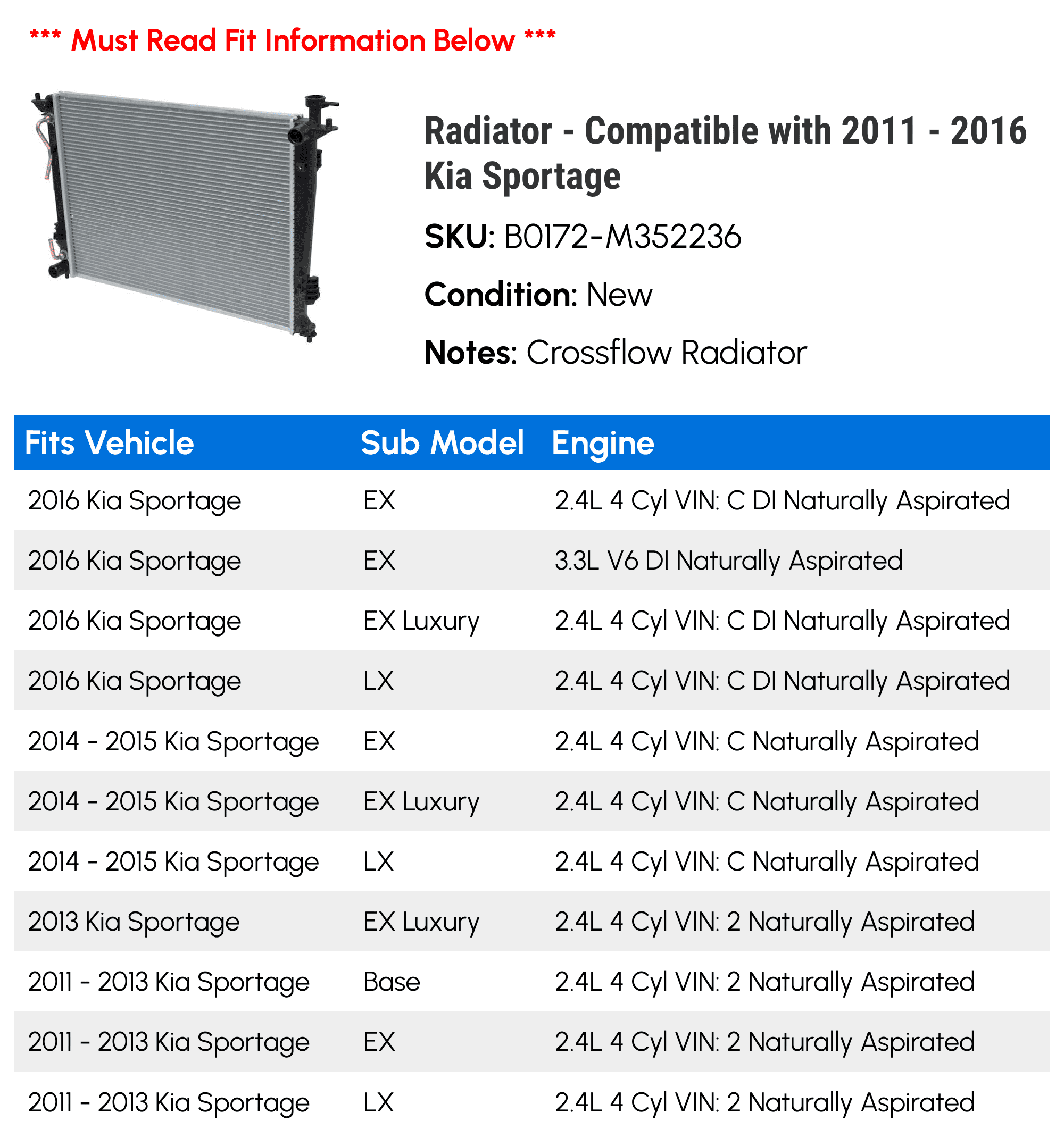 Radiator - Compatible with 2011 - 2016 Kia Sportage 2012 2013 2014 2015