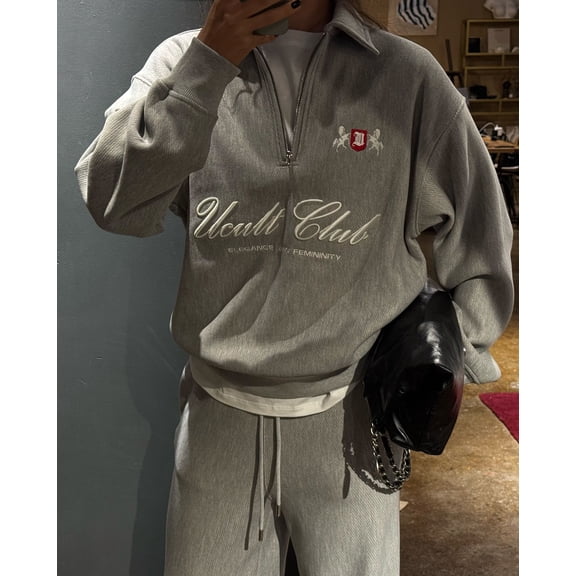Letter Embroidered Pullover Sweatshirt for Women - Relaxed, Loose, Versatile, Half-Zip