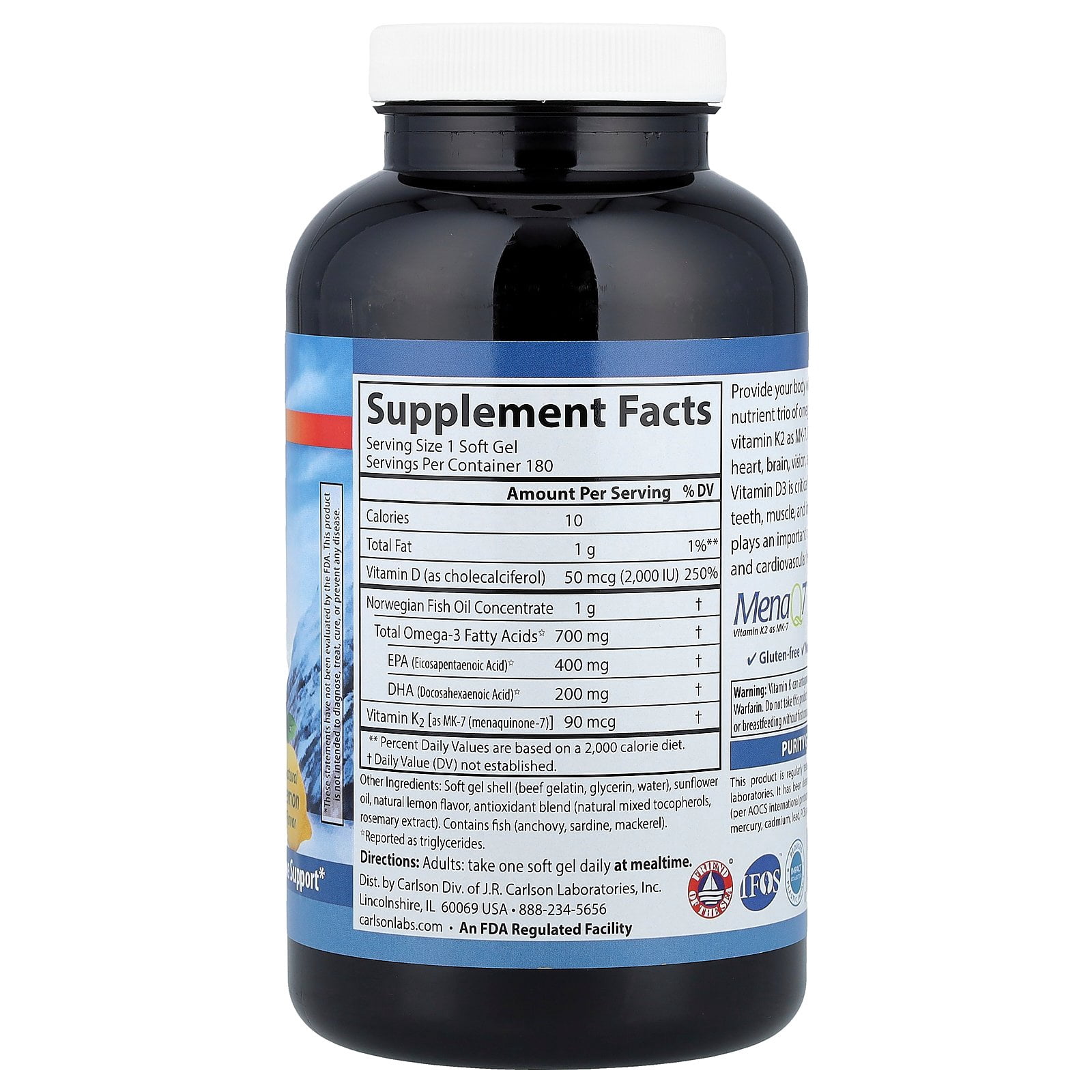 Carlson Elite Omega-3 Plus D & K, Natural Lemon, 180 Soft Gels