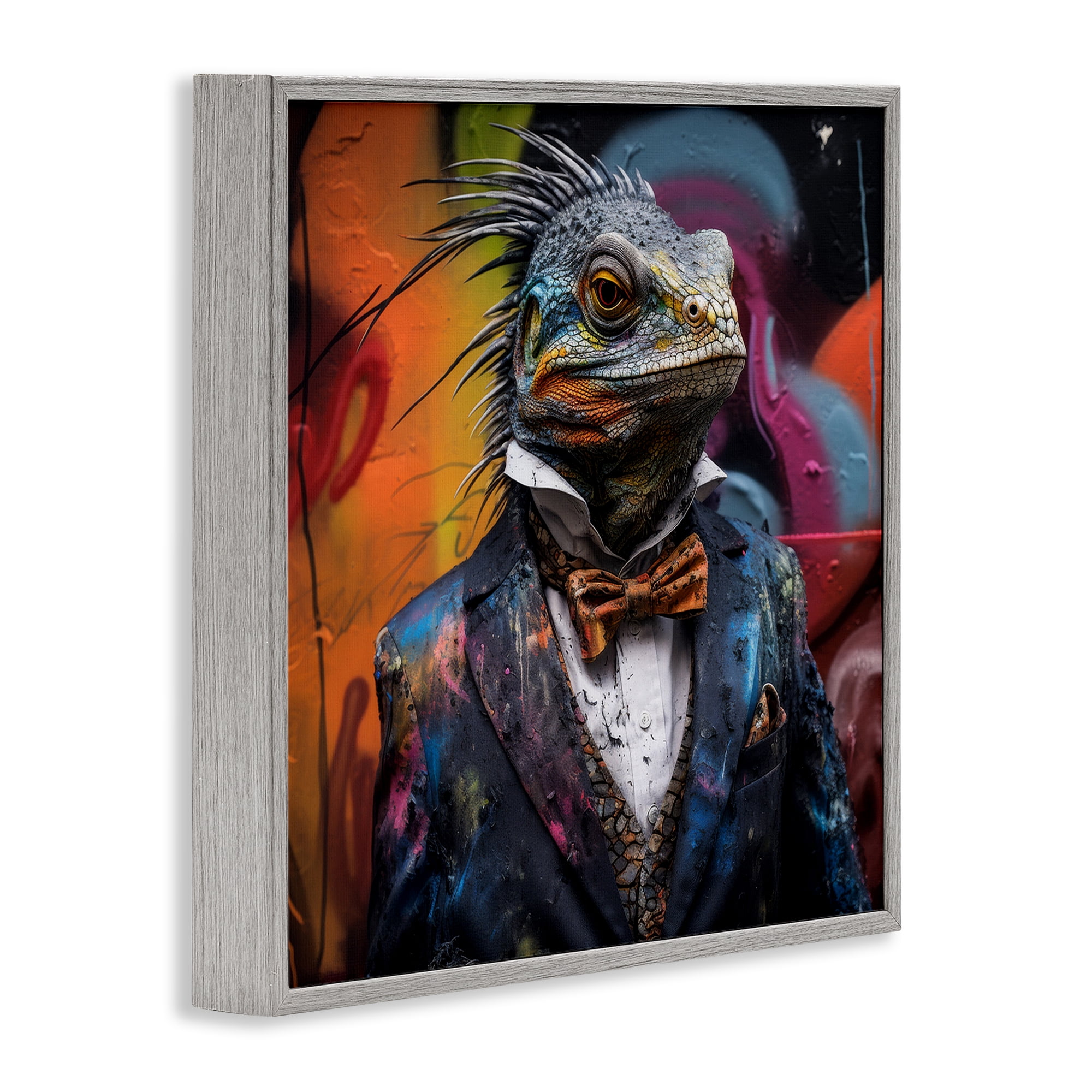 Stupell Industries Urban Graffiti Iguana Animals & Insects Painting Gray Framed Art Print Wall Art, 24 x 24