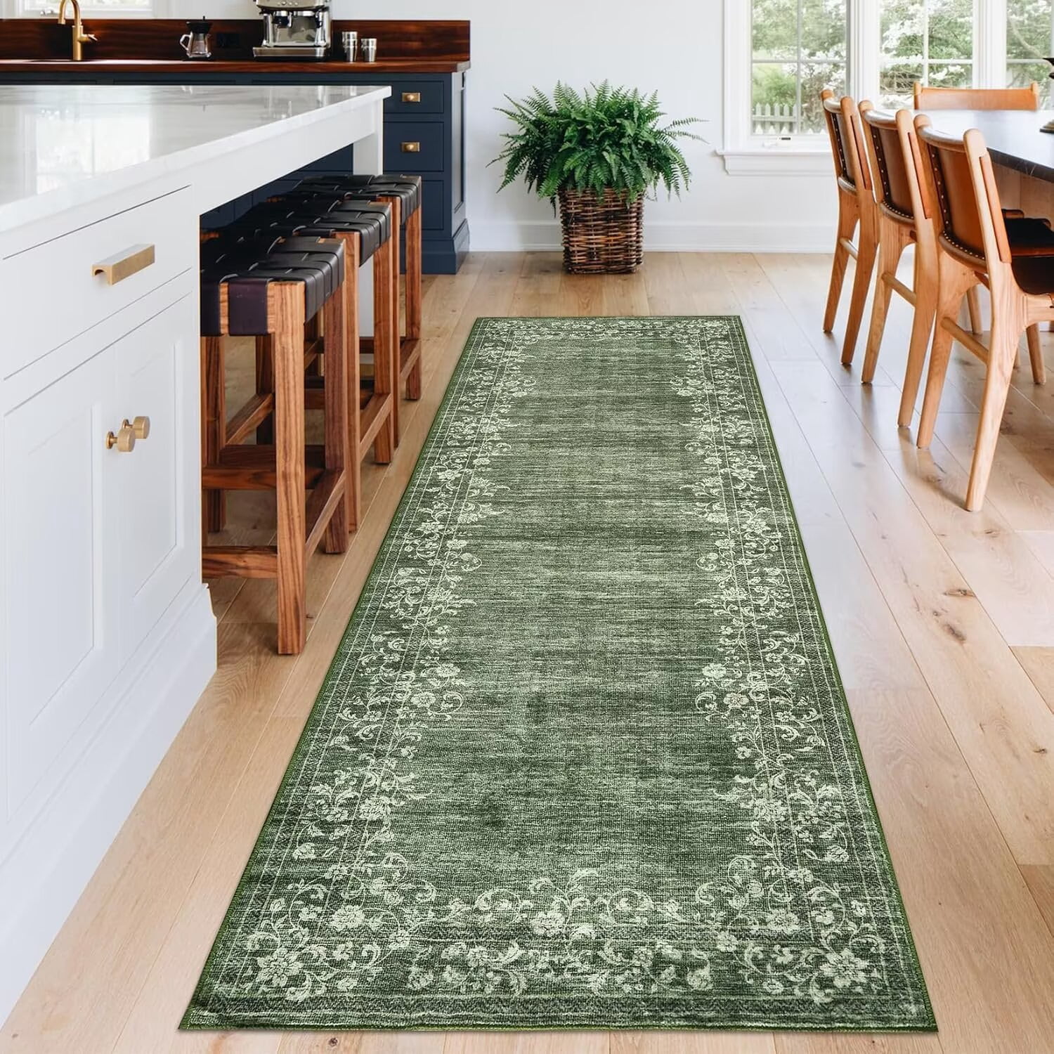 GlowSol 2'x6' Hallway Runner Rug Modern Floral Border Runners Rug Low Pile Non Slip Bedroom Rug Soft Accent Runner Rugs for Kitchen Laundry, Green