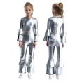 thumbnail image 5 of SiiRoh Girls 70s 80s Disco Hippie Outfit Metallic Bell-Bottom Jumpsuit Singer Dance Party Dress Up Silver 16, 5 of 6