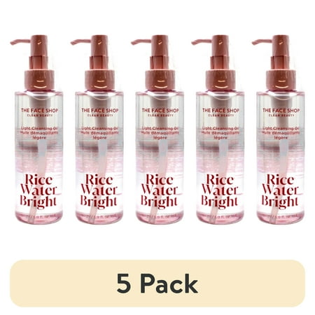 (5 pack) The Face Shop Rice Water Bright Light Facial Cleansing Oil, Daily Makeup Remover, Oil Cleanser, Vegan, Korean Skin Care with Jojoba Oil, Face Wash for Sensitive, Normal & Oily Skin, Face Pore Cleanser