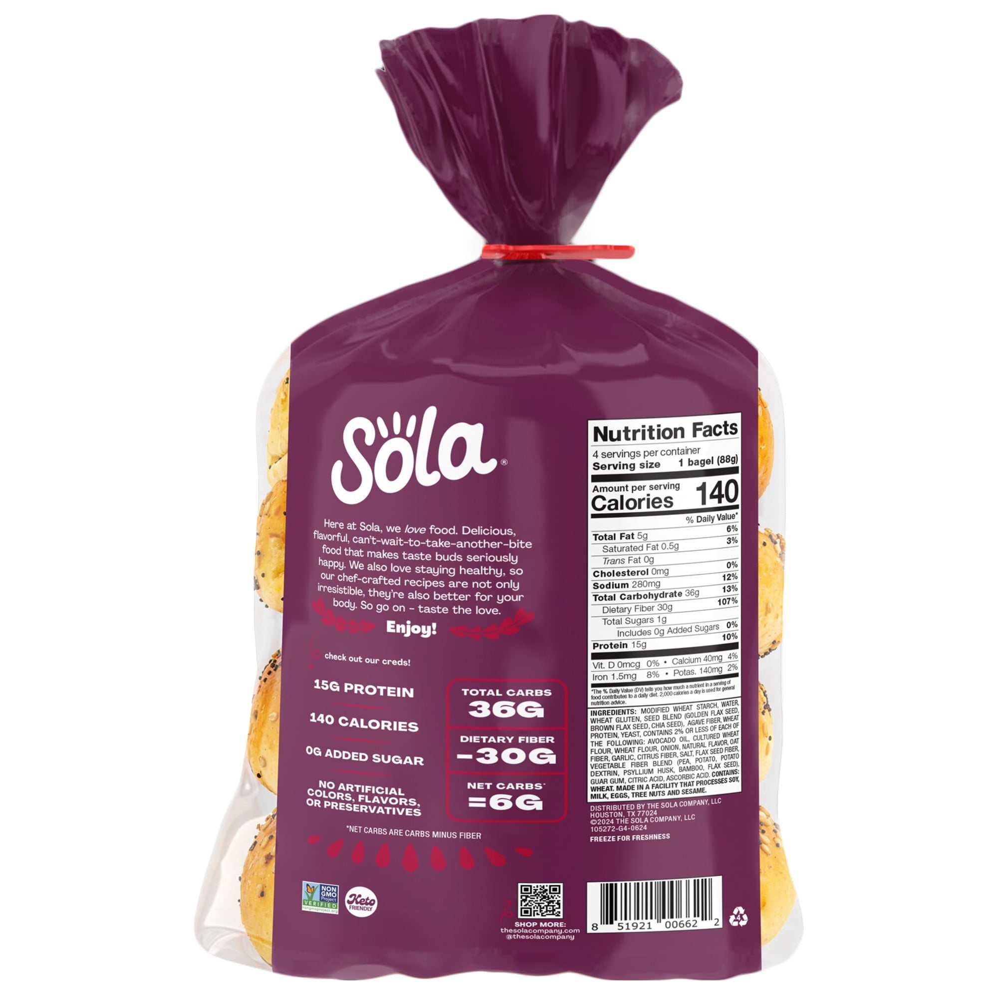 Sola Bread Wheat Everything Bagels, Non-GMO, 12.4 oz, 4 Count ( PACK OF 2 ) FREE CHOCOLATE HERSHEY'S