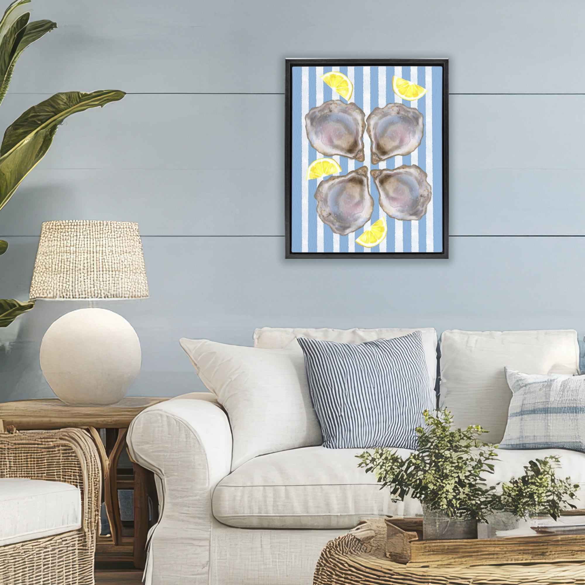 Stupell Industries Blue Stripe Oysters Black Framed Floater Canvas Wall Art, design by Matthew Piotrowicz