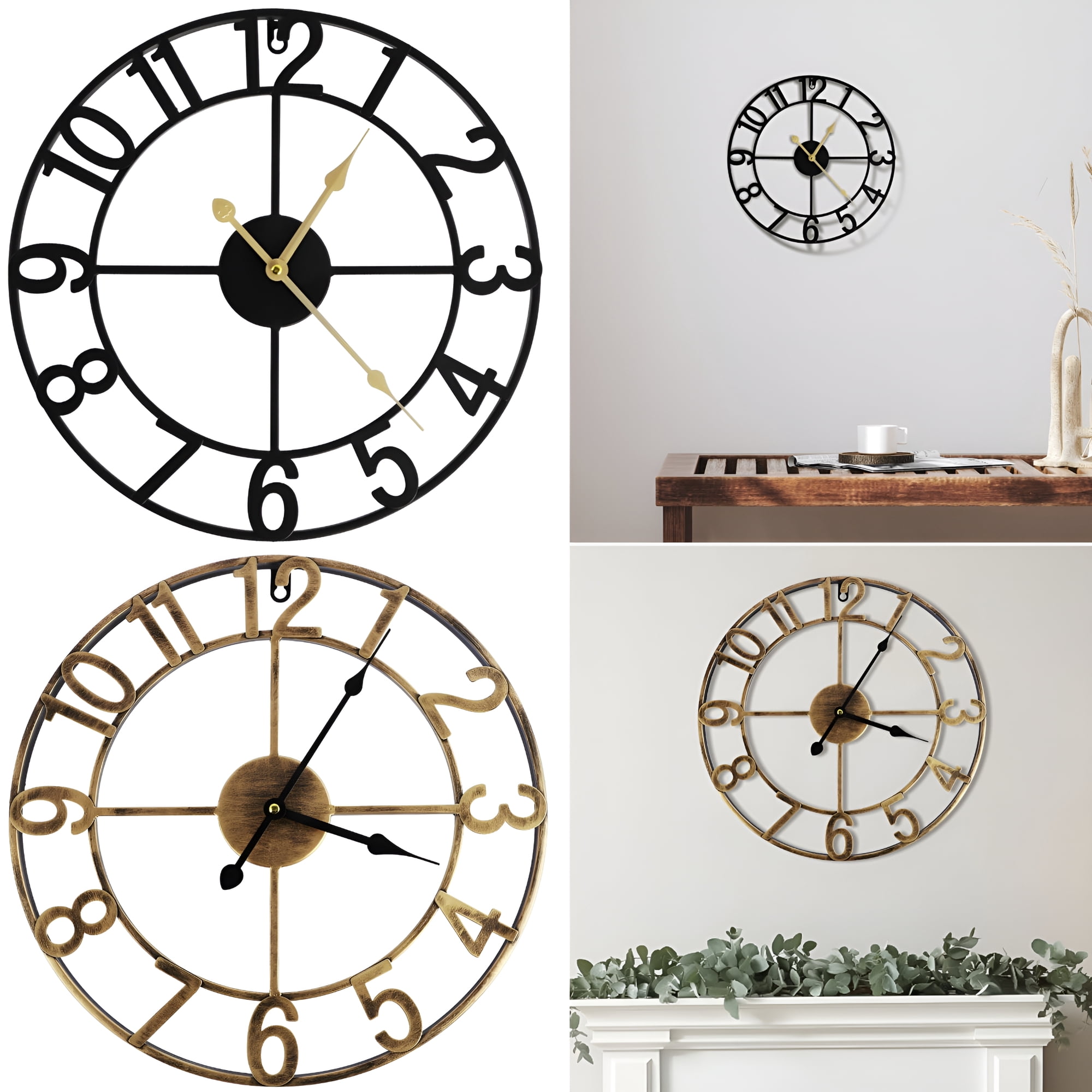 DESIGNICE 2026 New 16In Large Wall Clocks Oversized with Roman Numeral Style Rustic Iron Round Silent Non Ticking Battery Operated Vintage Metal Clock for Indoor Decor,Bronze