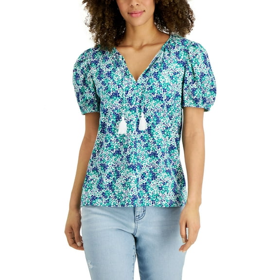 Style & Co Womens Printed Puff Sleeve Tie Neck Top White Escape 2XL