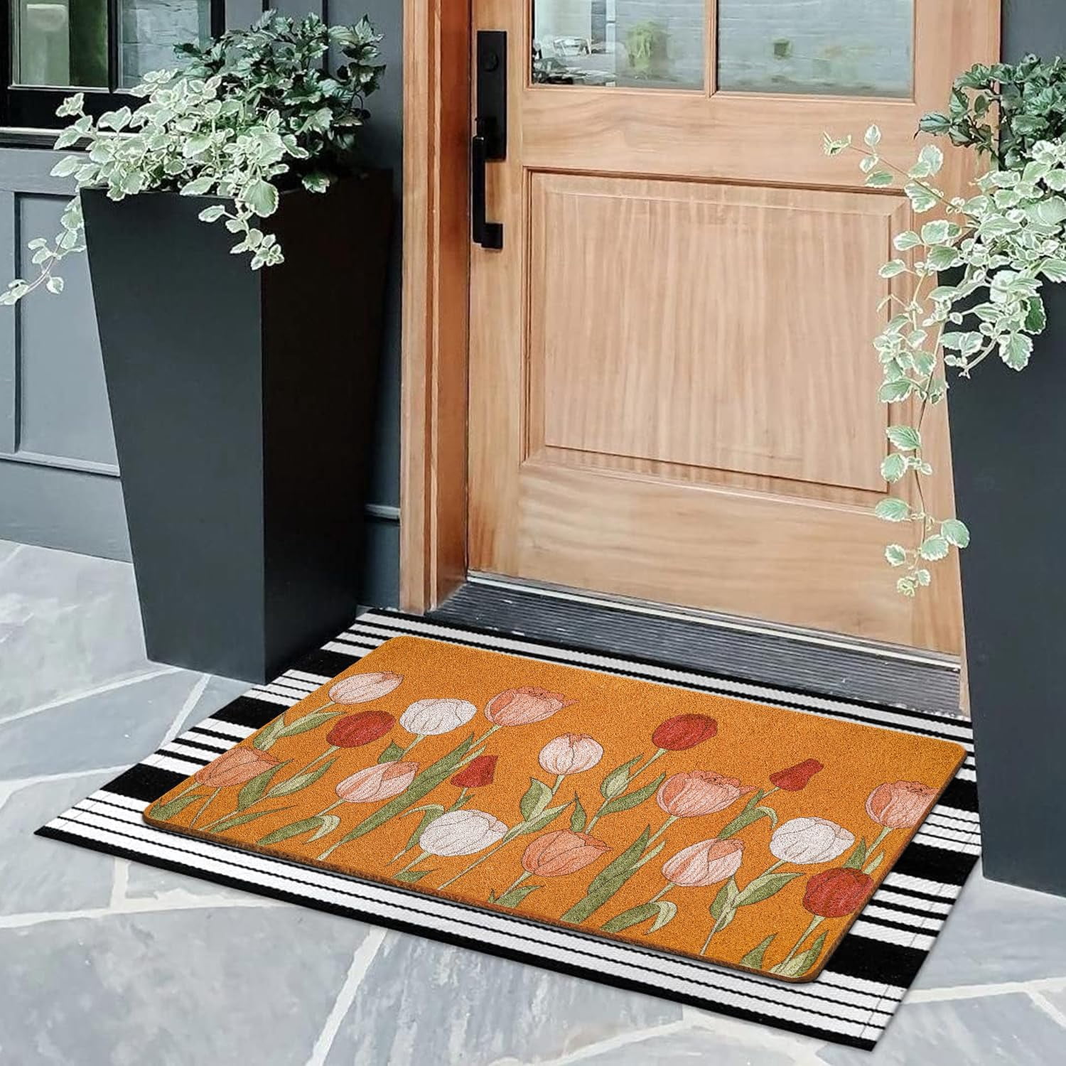 Red Pink White Tulip Coir Door Mat for Front Door, Spring Summer Flower Outdoor Welcome Mats for Entrance,Garden,RV,Patio,Home Porch Decor Doormat 30x17 Inch