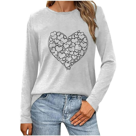 Busydd Womens Valentines Day Shirt Trendy Love Heart Graphic Valentines Shirts Casual Comfy Long Sleeve Round Neck Tee Tops Valentines Day Gifts for Women
