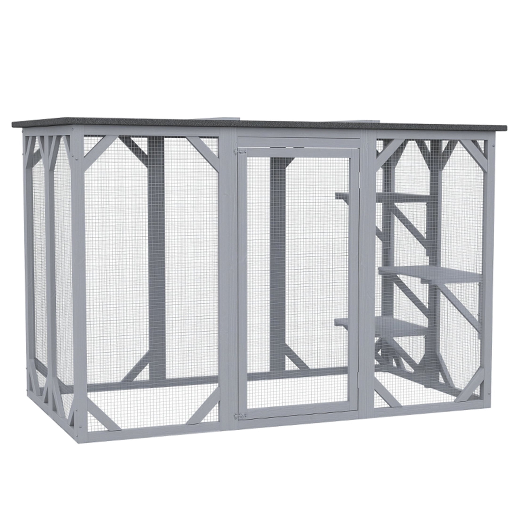 JERFIT Large Outdoor Catio Enclosure for Multiple Cats, Weatherproof Wooden Cat Cage Playpen with Asphalt Roof, Sturdy Wire Mesh, Grey