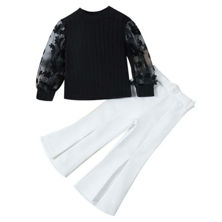 

Zhuashum Toddler Girls Clothes Boys 3-4 Years Toddler Kids Baby Flower Lace Sleeve T Shirt Tops Long Pants And Belt 3Pcs Outfits Clothes Set Cute Playsuit Black