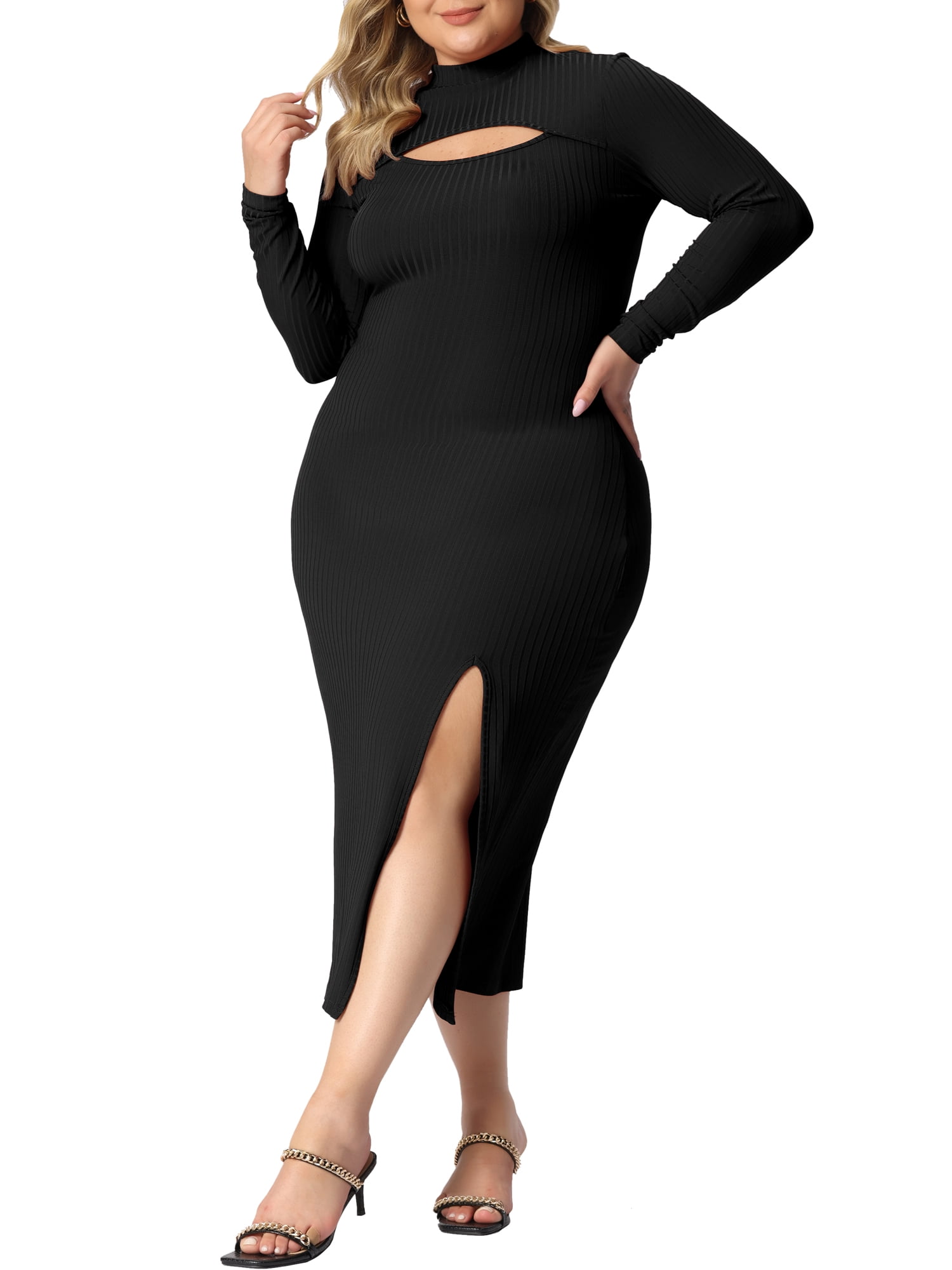 Unique Bargains Women's Plus Size Bodycon Dress Knee Slim Cut Out Dresses 4X Black