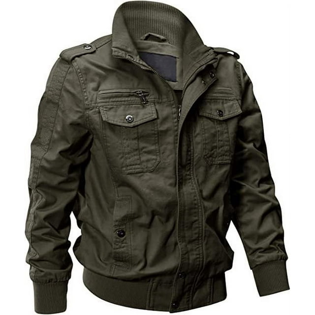 CNKOO Men‘s Cotton Lightweight Multi Pockets Zip Front Stand Collar Military Jackets Windbreaker