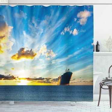 Ambesonne Nautical Shower Curtain, Sea at Sunset Ship, 69"Wx75"L, Blue
