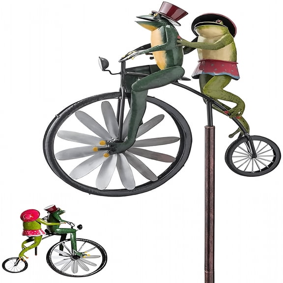 DESIGNICE Metal Wind Spinners for Yard and Garden - Frog Ornament Wind Spinner with Standing Vintage Bicycle,Wind Spinner Pole Frog Decor Garden for Yard Lawn Windmill Decoration