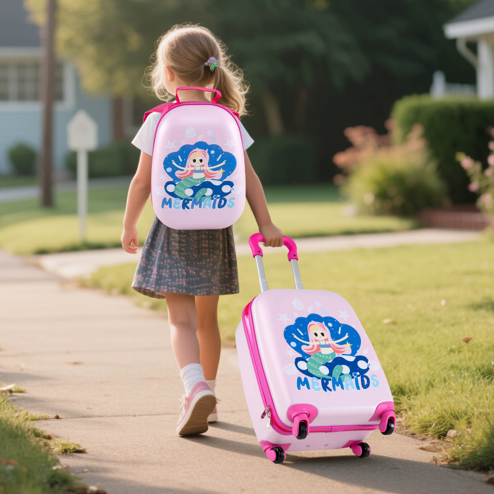 Costway 2PC Kids Carry On Luggage Set 12" Backpack and 16" Rolling Suitcase for Travel Pink + Blue
