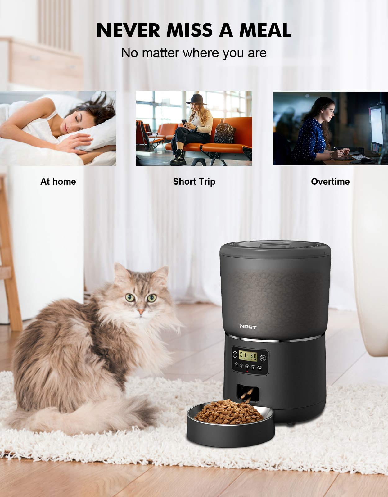 NPET Automatic Cat Feeders, 135oz/4L Clog-Free Automatic Dog Feeder with Stainless Steel Bowl, Anti-bite Cable for Cats, Small & Medium Dogs