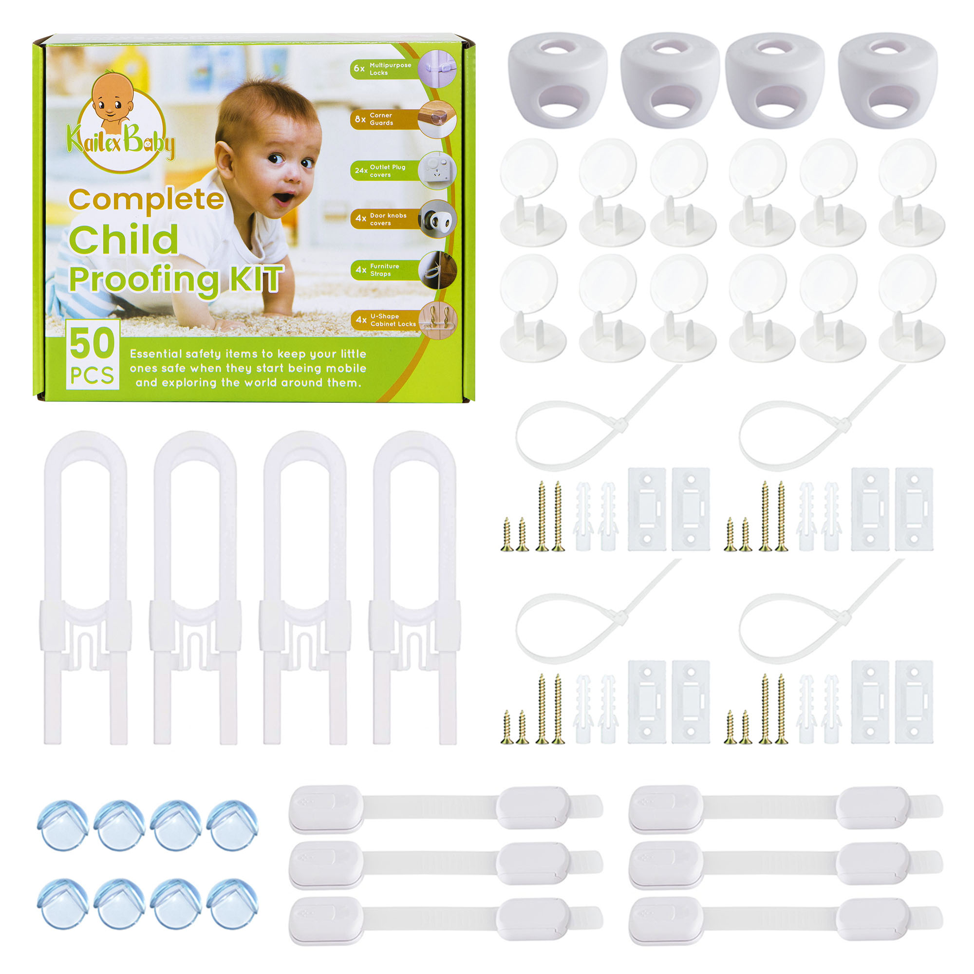 KAILEXBABY Baby Proofing Kit, Child Safety Cabinet Locks, Door Knob Covers - 50Pc