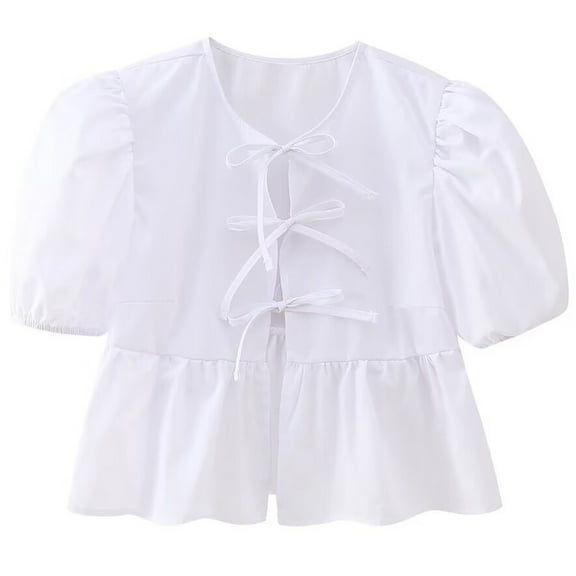 Yokua Summer T shirt Women's Puff Short Sleeve Tie Front Ruffled Peplum Crop Top