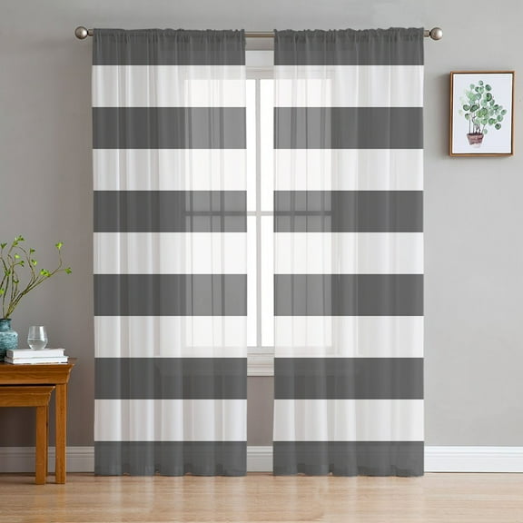 Grey Stripes Semi Sheer Curtains 63 Inch Length 2 Panels Set, Simple Gray White Texture Sheer Kitchen Curtain Privacy Voile Window Curtain for Living Room Bedroom Rod Pocket Drapes