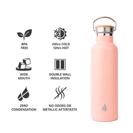 Elemental Classic Insulated Water Bottle, Leak Proof Thermos Water Bottle with Bamboo Lid and Metal Ring, Reusable Insulated Stainless Steel Water Bottle, 25oz - Blush Pink