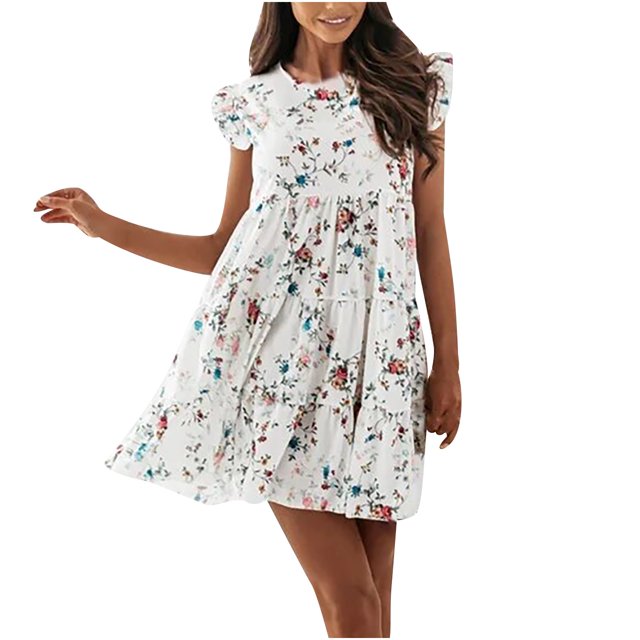 Leutsin Robe d'Été Décontractée pour Femmes à Col Rond Imprimé Floral à Volants Longueur Genou avec Coutures
