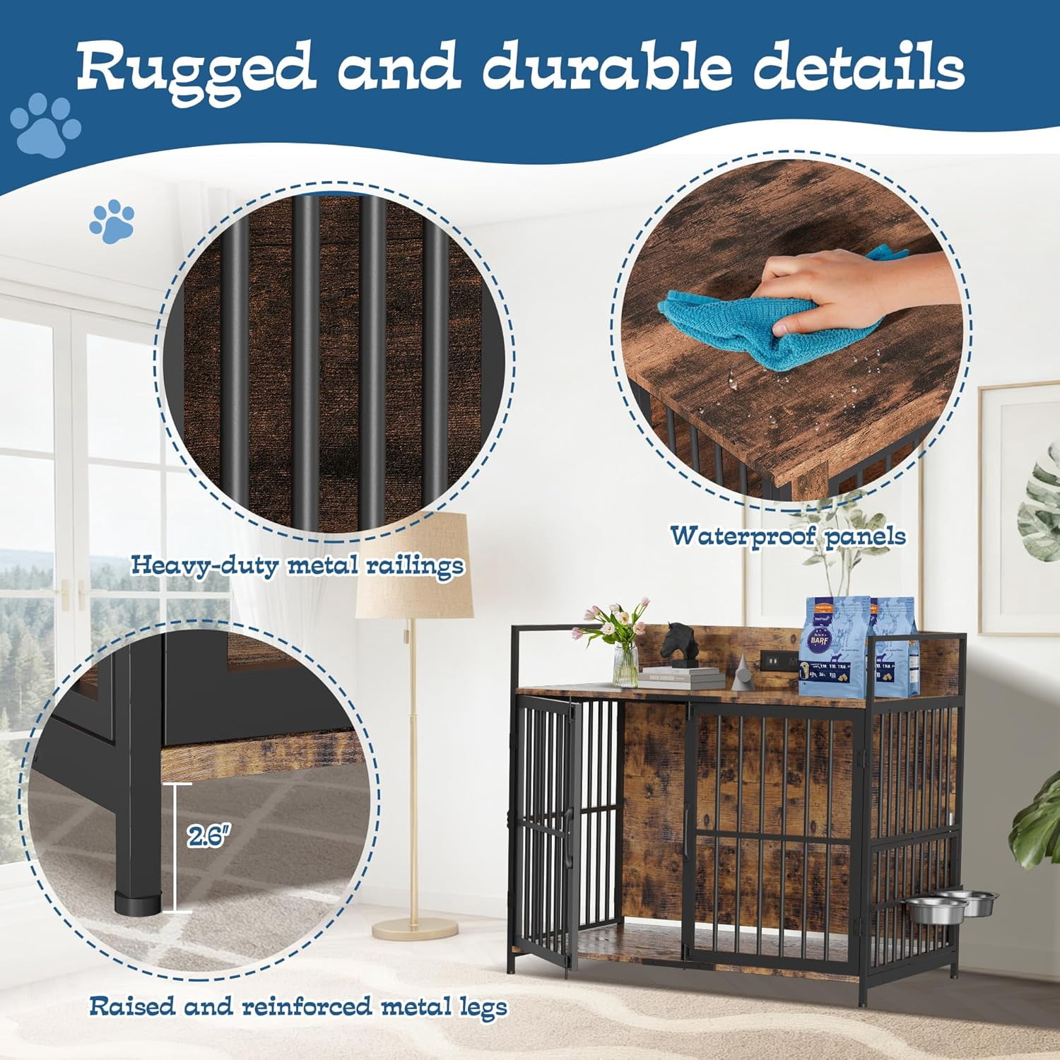 Magic Union 41" Large Dog Crate Furniture, Indoor Dog Kennel with USB Charging Station, Wooden Dogs Crate with 360° Rotating Feeder Bowls and 3 Doors, Medium Dogs Cage for Small/Medium Dogs