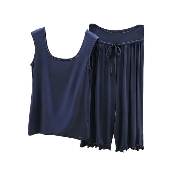 QINGFSAP Womens Scoop Neck Lounge Set Sleeveless Tank Top and Drawstring Scalloped Pants