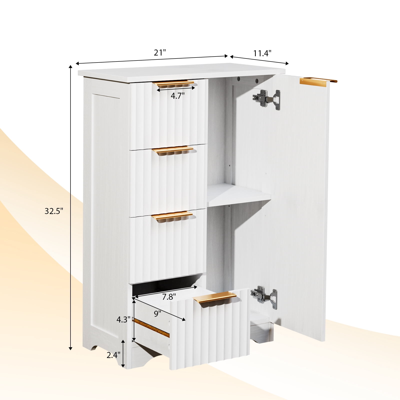 Ktaxon Modern Bathroom Floor Cabinet, Fluted Storage Cupboard with 4 Drawers & 1 Door, Freestanding Wooden Organizer for Bathroom, Living Room, White