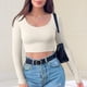 thumbnail image 3 of Top ajustado con cuello redondo para mujer camisas elásticas de Color sólido Tops traje de calle sexi, 3 of 7