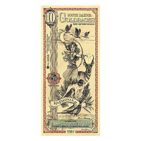 10 South Dakota Goldback 1/100 oz 24K Gold Foil Aurum Note