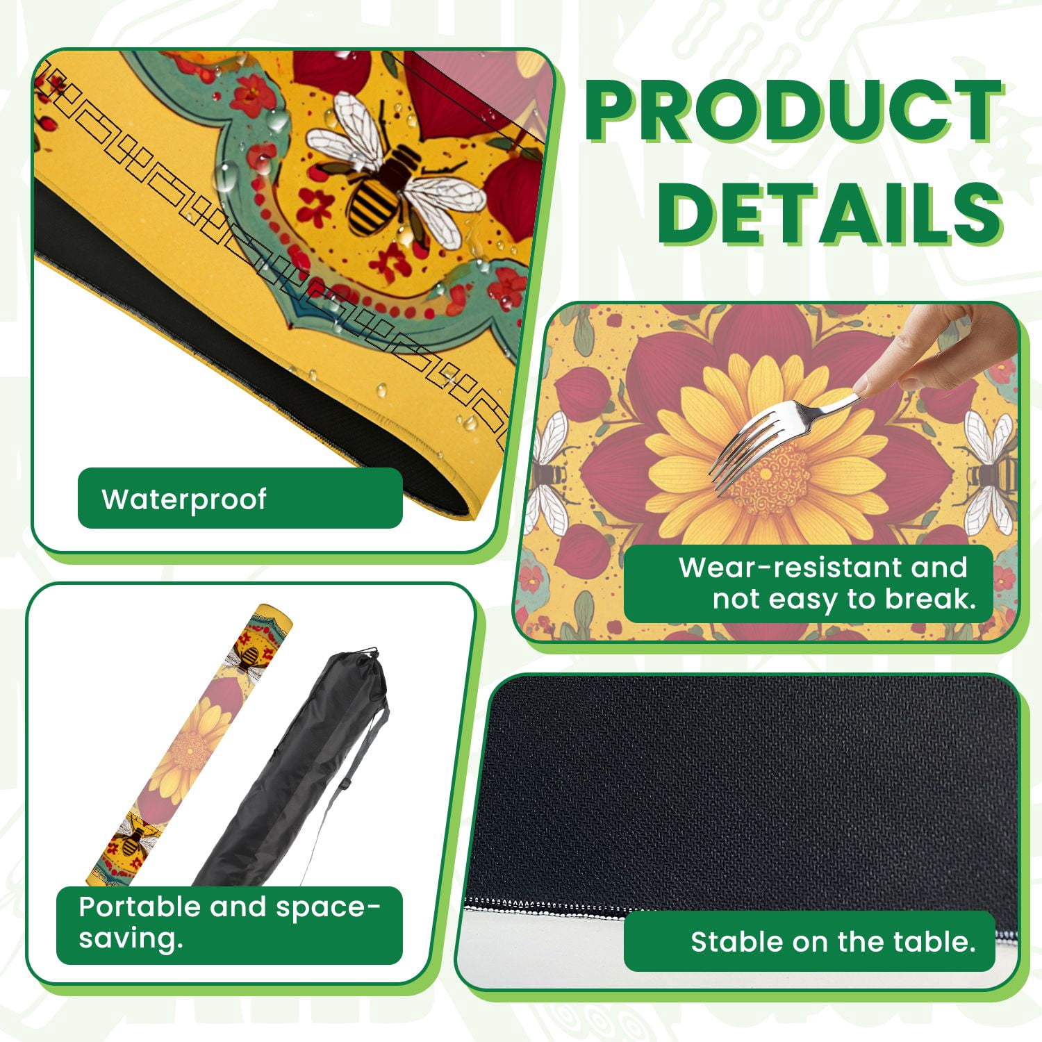 Mahjong Mat 31.5" x 31.5" Floral Mandala Bees Hearts Warm Red Yellow Decorative Non-Slip Noise Reduction American Mahjong Tiles Table Cover for Dominoes Poker Card Board Games Gift